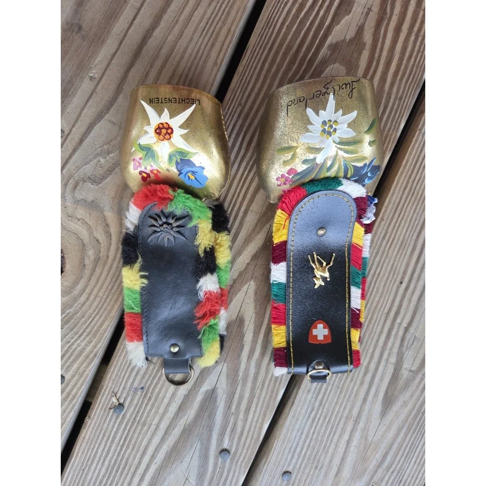 Vintage Decorative Lot Of 2 Swiss Golden Cowbells With Colorful Straps